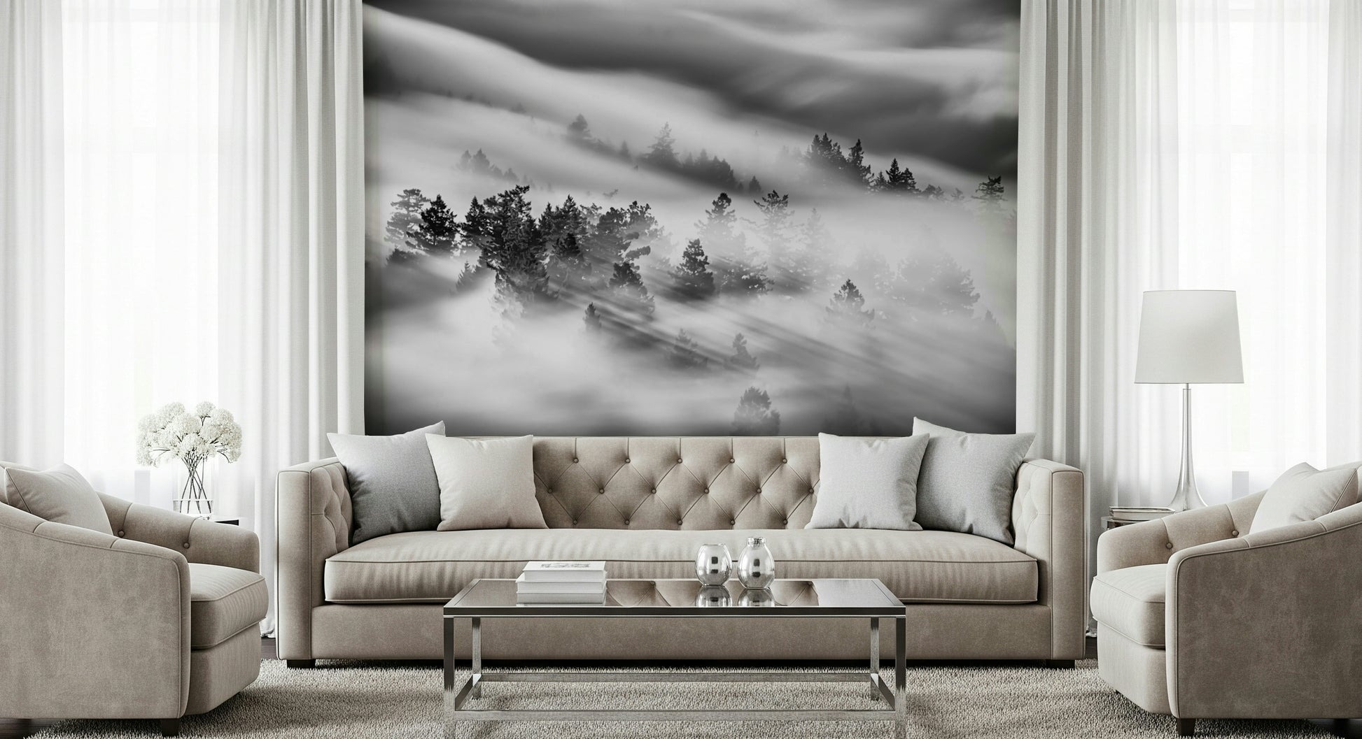 Atmospheric Velocity mural, misty valley scene, forest silhouette, striking wall accent.