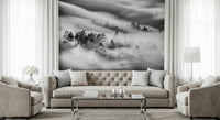 Atmospheric Velocity mural, misty valley scene, forest silhouette, striking wall accent.