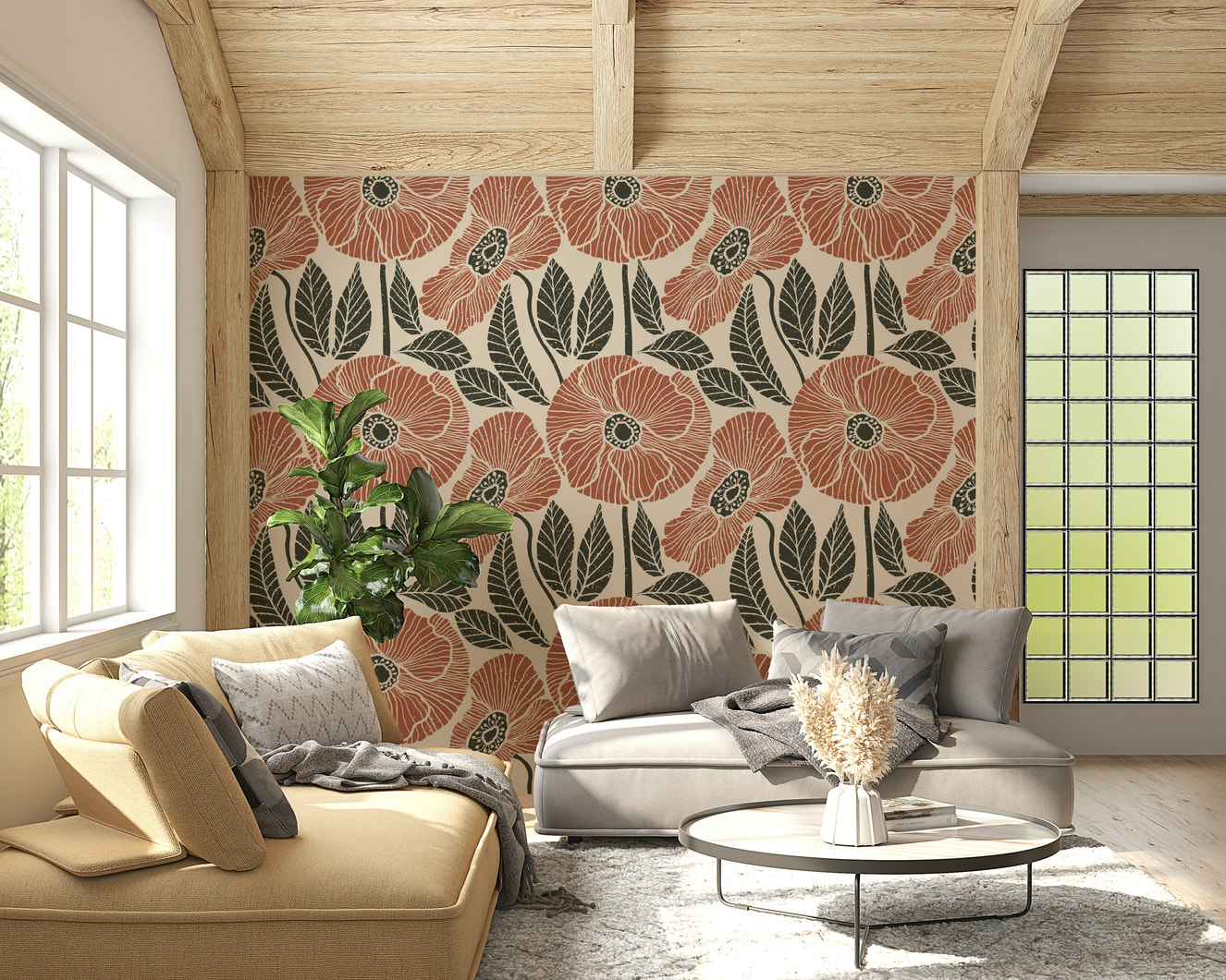 Rustic Block wallpaper, terracotta flowers, charcoal leaves, warm neutral background.