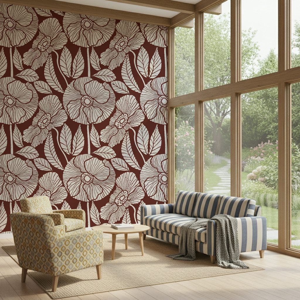 Poppy wallpaper, striking outline floral motif, deep burgundy color, stylish home decor.