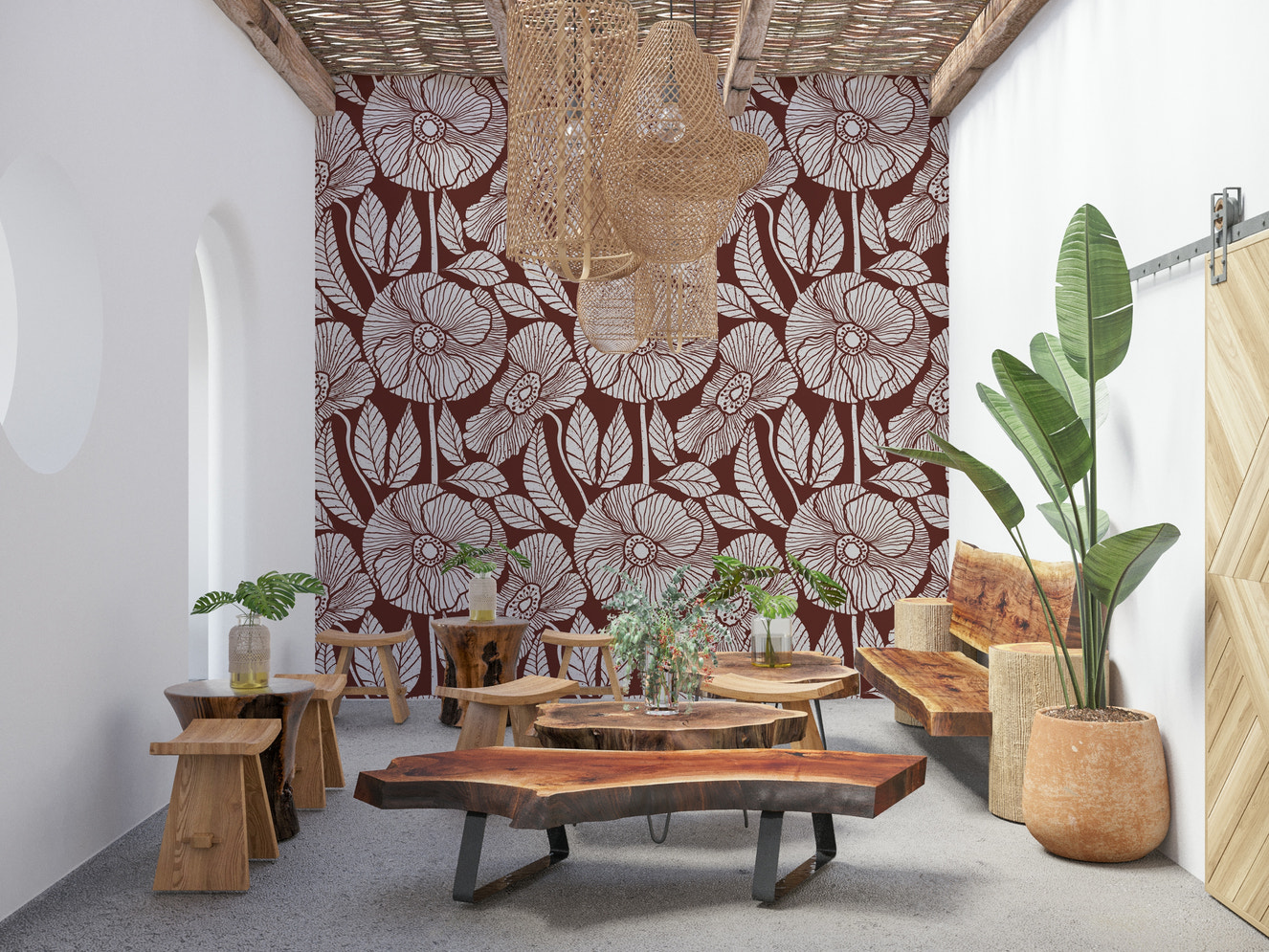Floral Modern Burgundy wall mural, large drawn blooms, leaves pattern, rustic texture.
