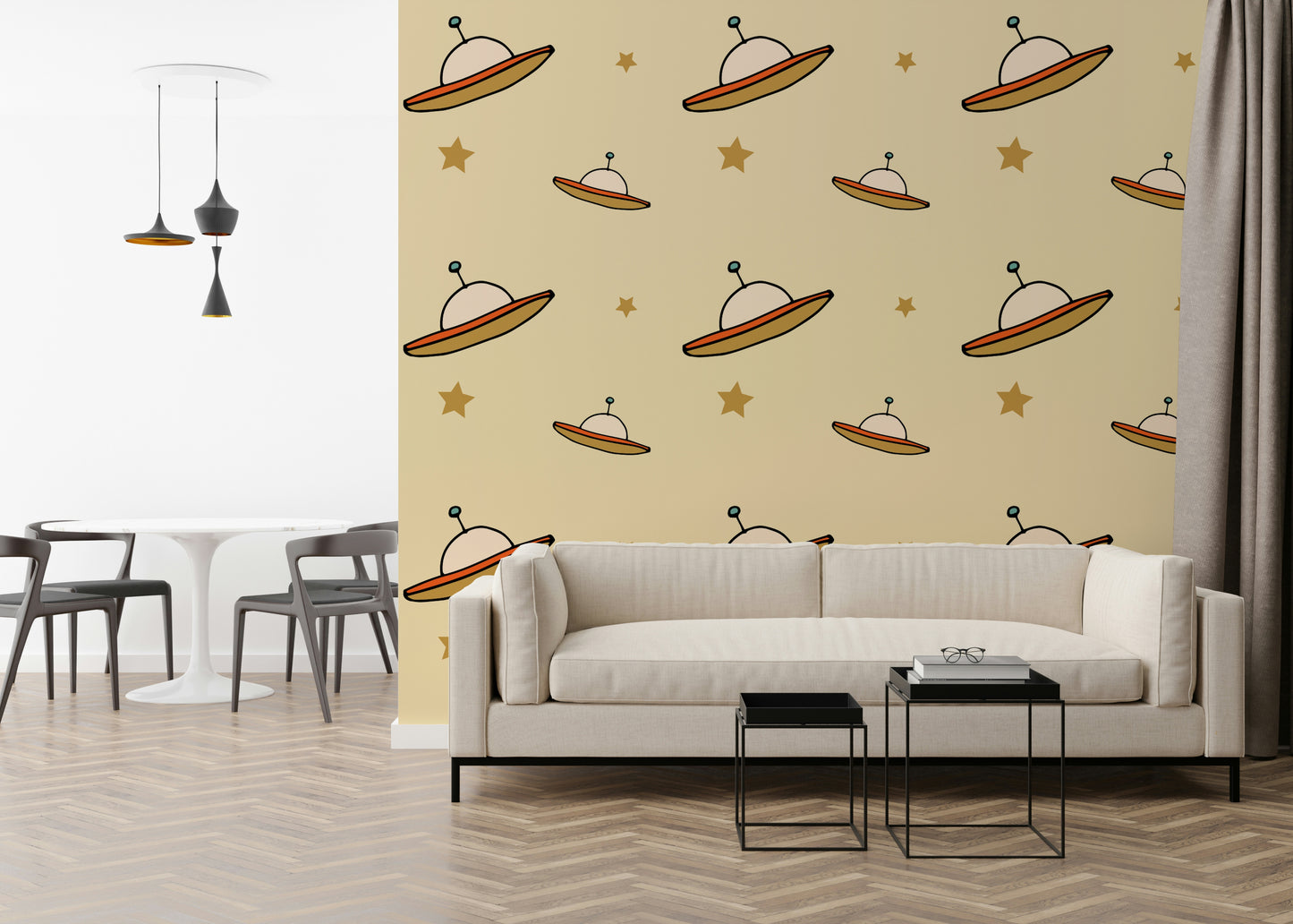 Stylish Minimal Vintage wallpaper, whimsical alien ships, light neutral background.