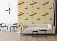 Stylish Minimal Vintage wallpaper, whimsical alien ships, light neutral background.