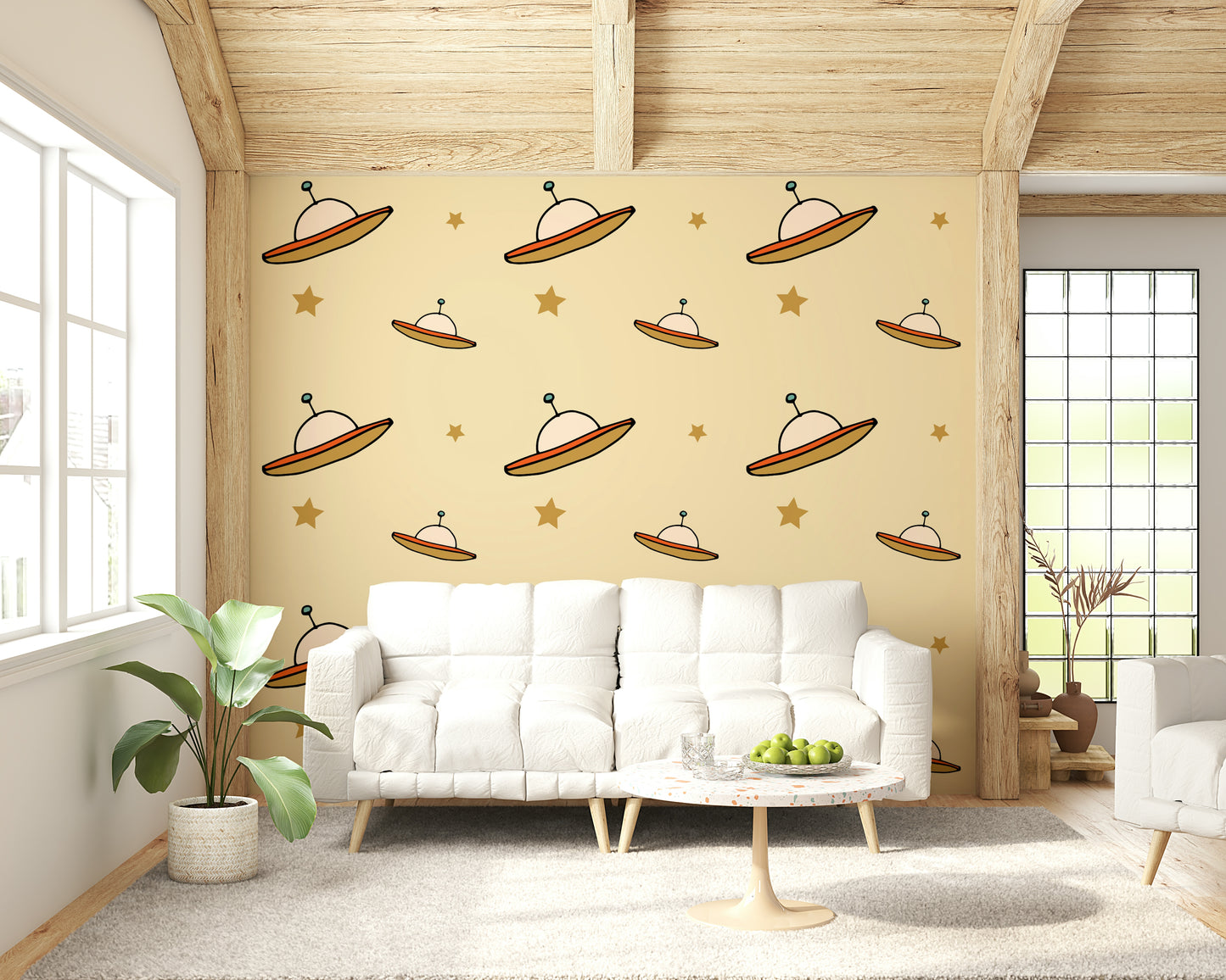Delightful Minimal Vintage mural design, hovering aerial craft, earthy tones.