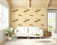 Delightful Minimal Vintage mural design, hovering aerial craft, earthy tones.