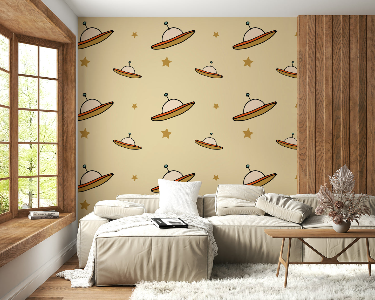 Soft UFO Beige wallpaper print, fantasy vessels cruising amongst sketched stars.