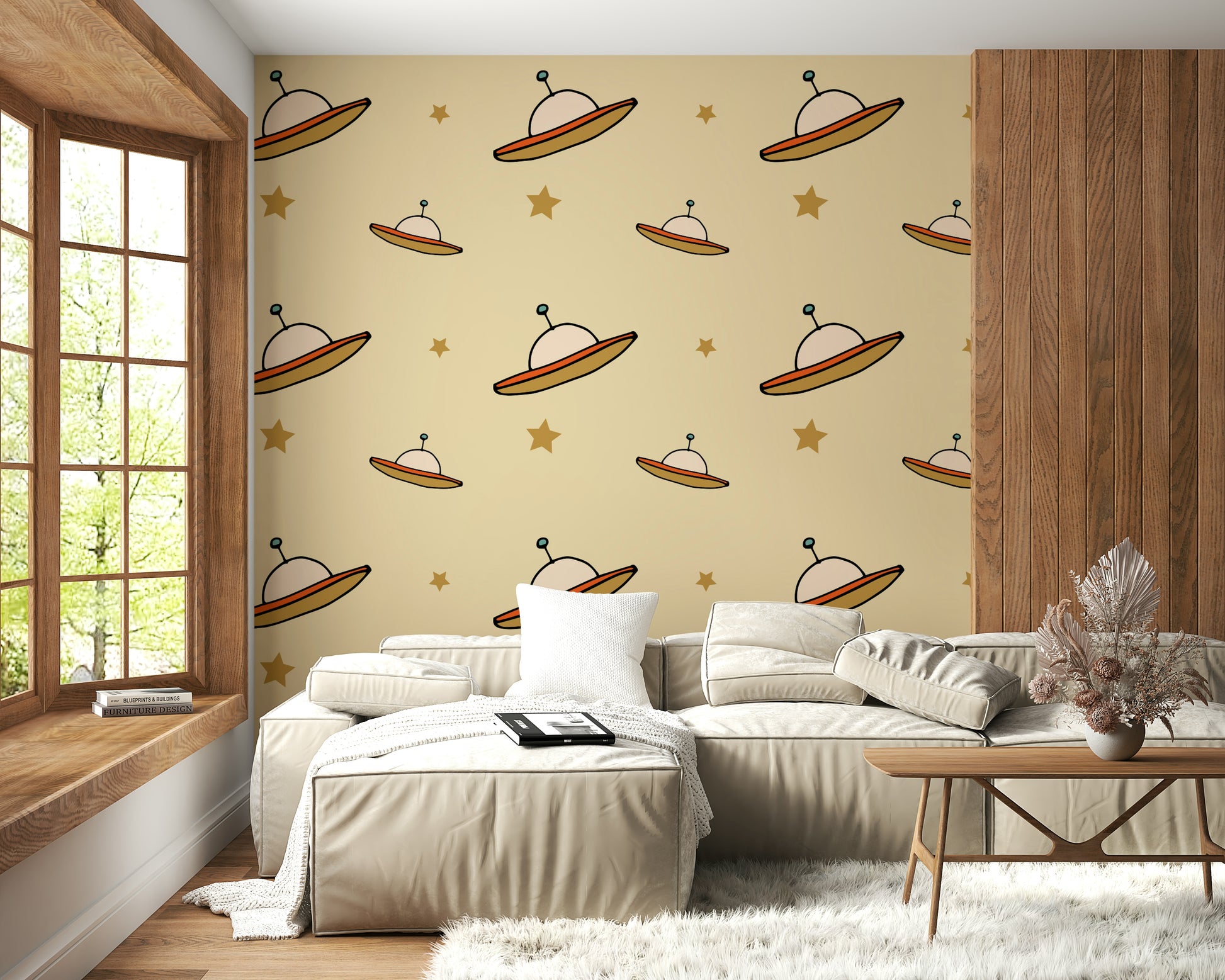 Soft UFO Beige wallpaper print, fantasy vessels cruising amongst sketched stars.