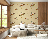 Soft UFO Beige wallpaper print, fantasy vessels cruising amongst sketched stars.