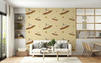 Modern Minimal Vintage wall mural, iconic spaceship graphics, simple aesthetic.