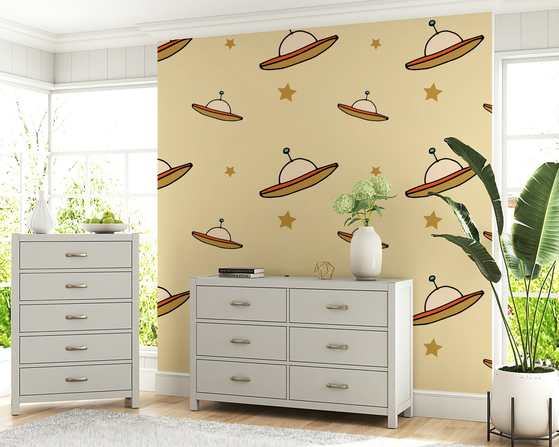 UFO Beige wall mural showcasing cute spacecraft, golden star illustrations, retro style.
