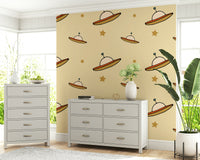 UFO Beige wall mural showcasing cute spacecraft, golden star illustrations, retro style.