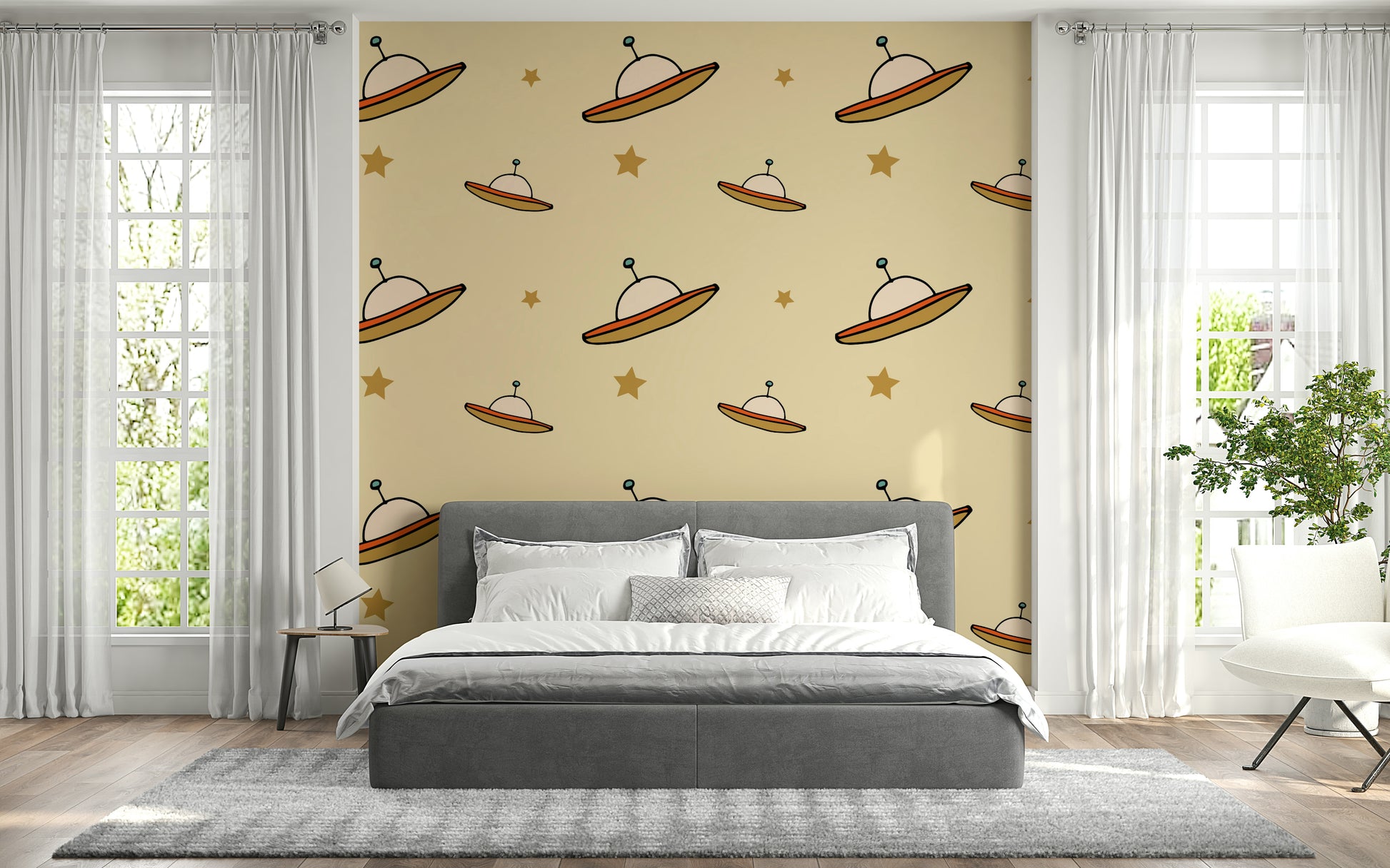 Nostalgic UFO Beige wallpaper, saucer shapes, small antenna, dreamy atmosphere.