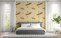 Nostalgic UFO Beige wallpaper, saucer shapes, small antenna, dreamy atmosphere.
