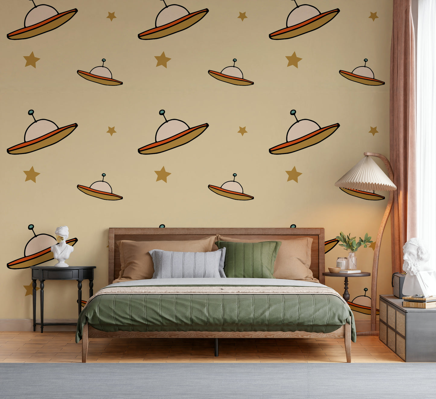 Charming UFO Beige mural, repeating flying saucer pattern, sweet celestial design.