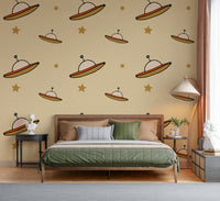 Charming UFO Beige mural, repeating flying saucer pattern, sweet celestial design.