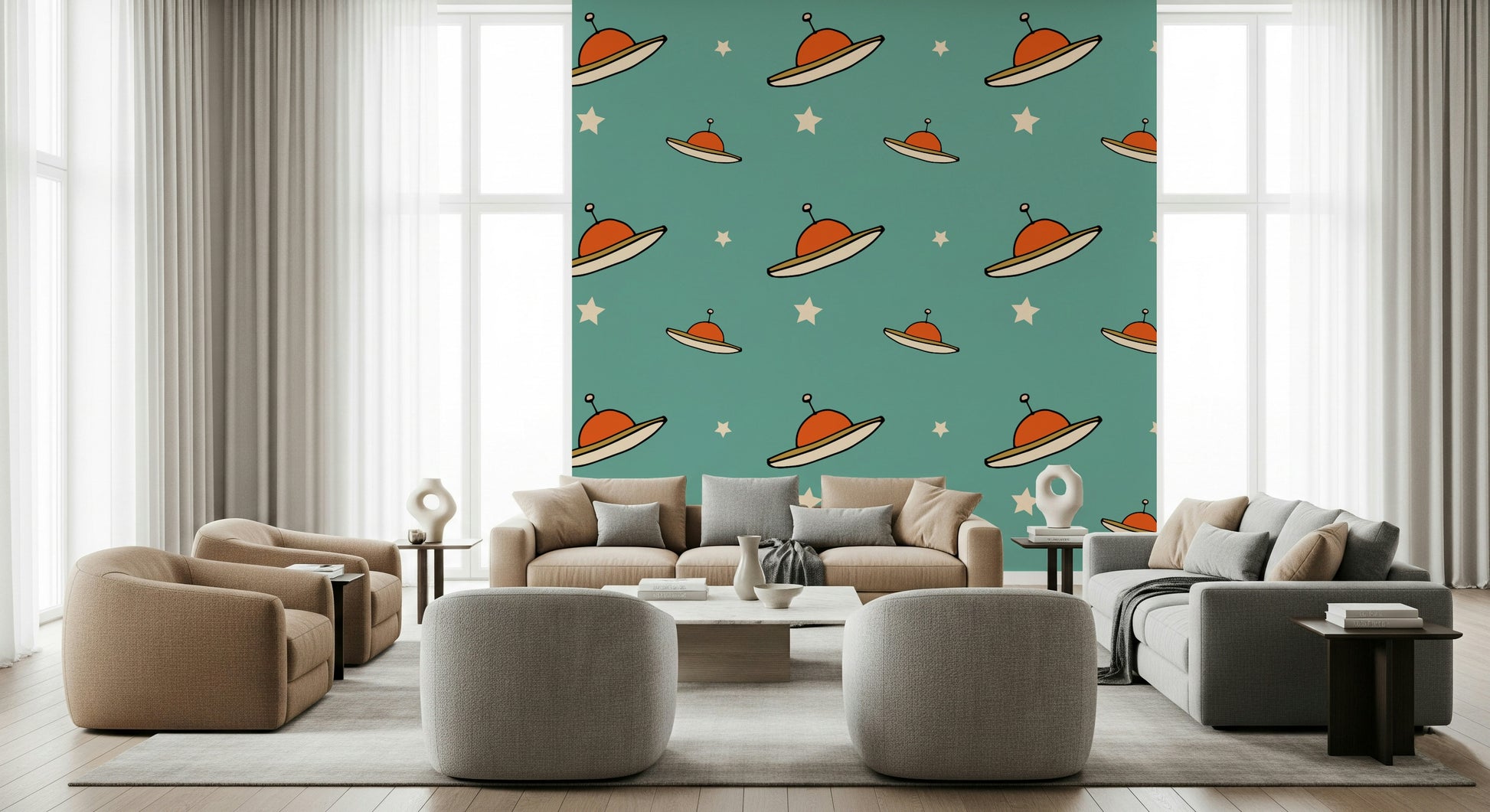Whimsical wallpaper featuring Minimal Vintage UFO Mustard.