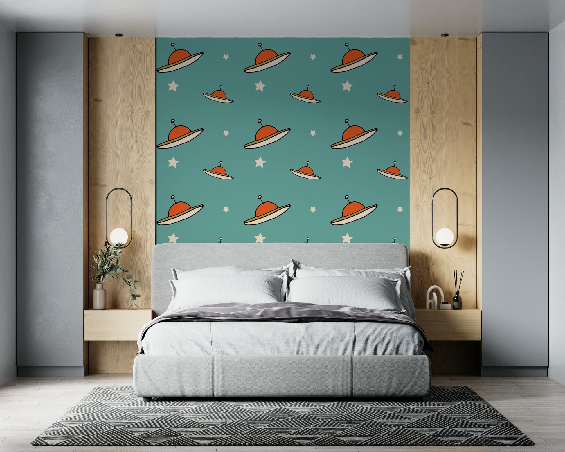 Retro-futuristic ships Minimal Vintage UFO Mustard wallpaper concept.