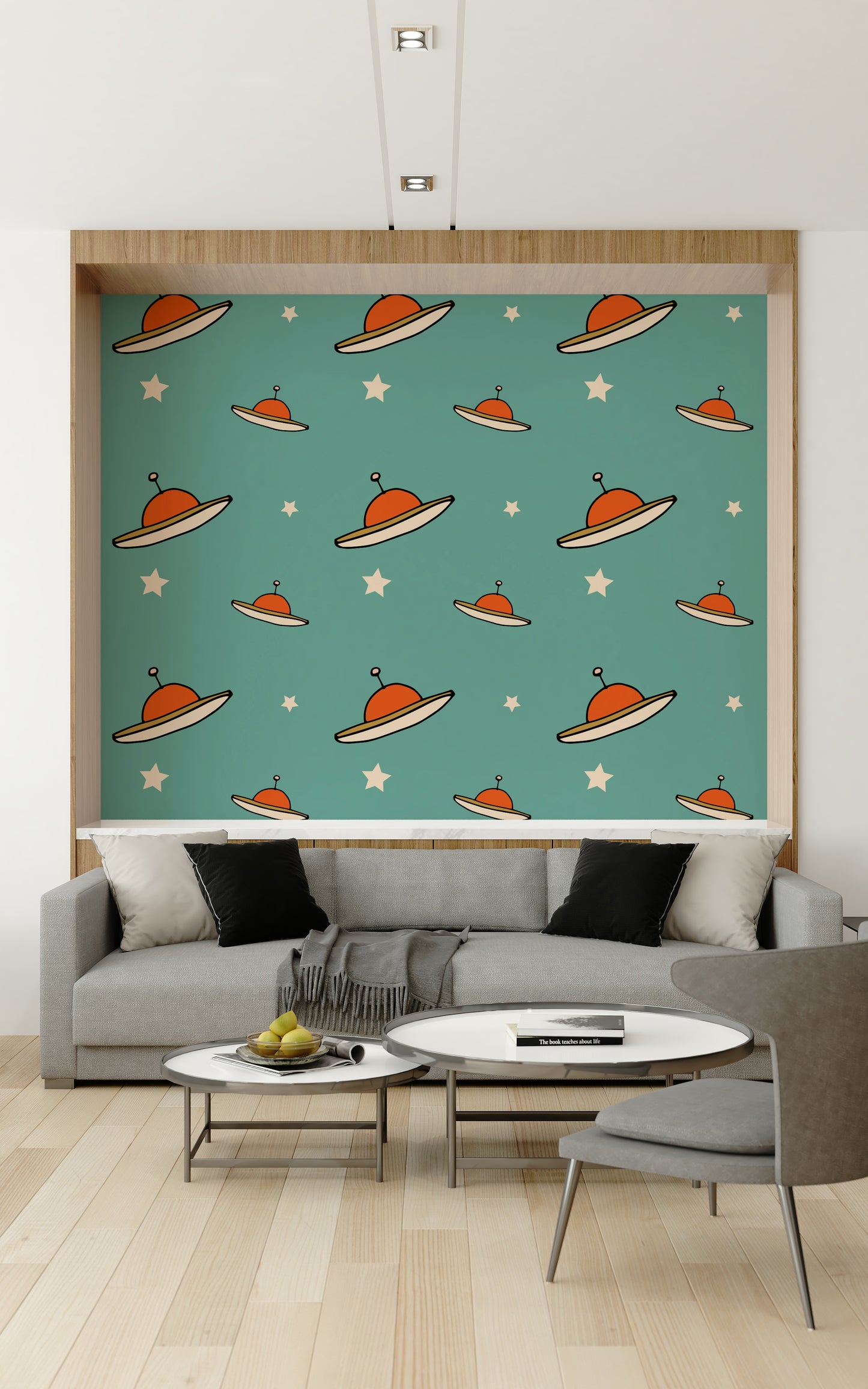 Unique vintage mural look, Minimal Vintage UFO Mustard style.