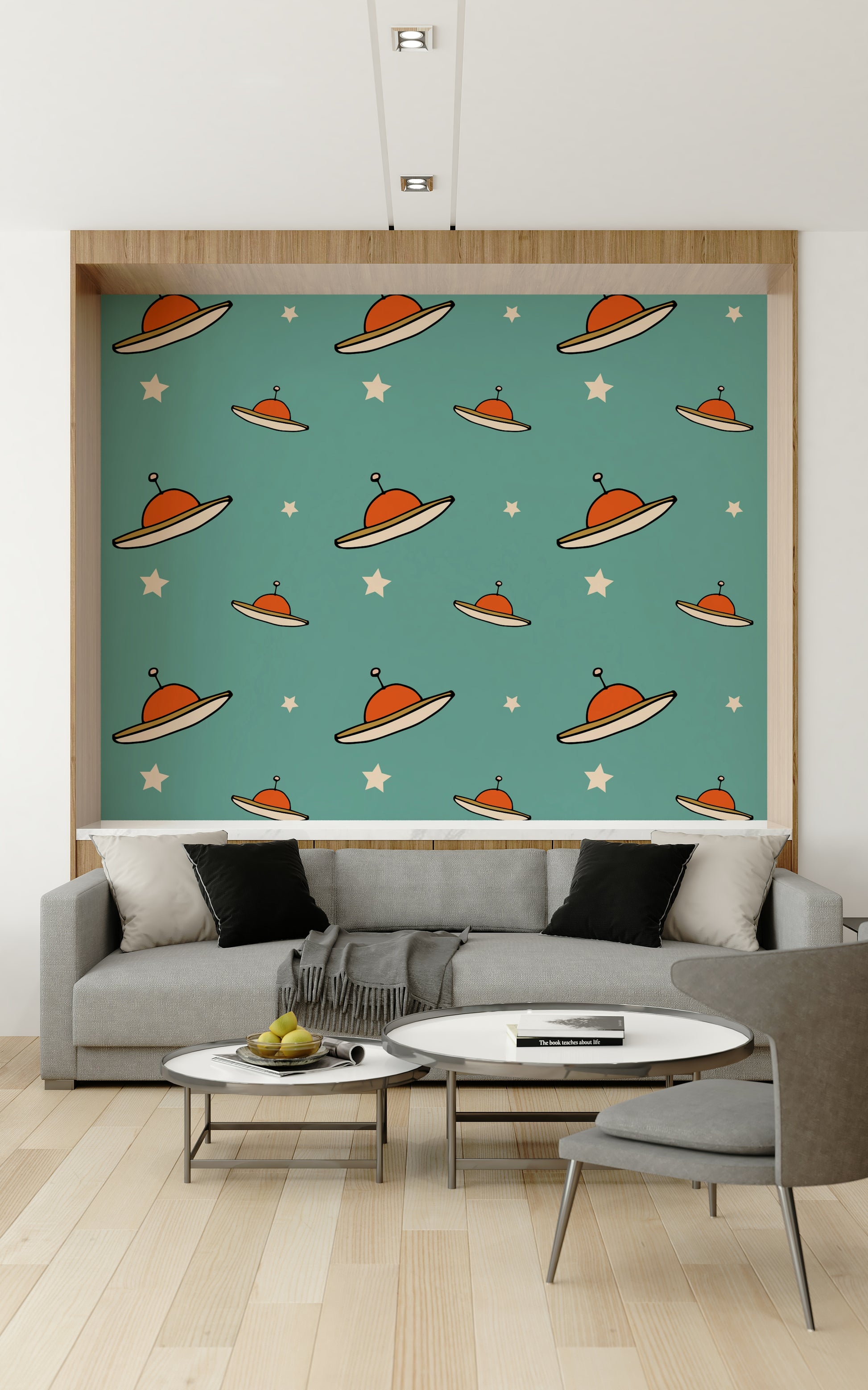 Unique vintage mural look, Minimal Vintage UFO Mustard style.