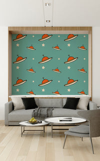 Unique vintage mural look, Minimal Vintage UFO Mustard style.