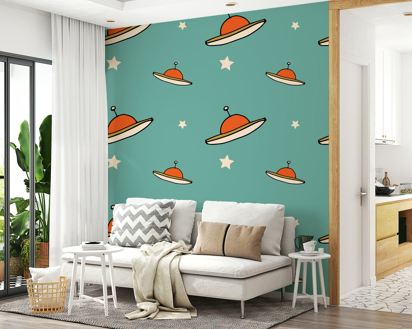 Charming spaceship wallpaper for walls, Minimal Vintage UFO Mustard.