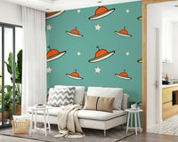 Charming spaceship wallpaper for walls, Minimal Vintage UFO Mustard.