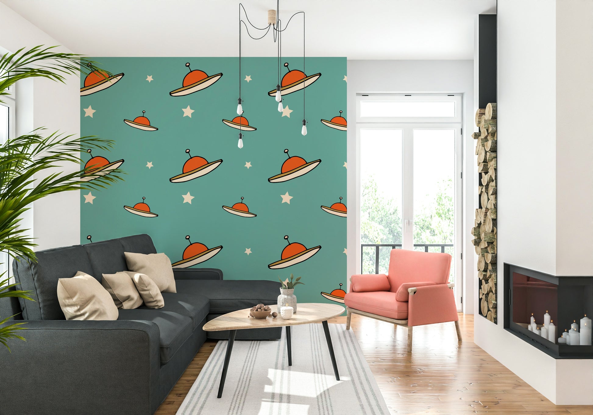 Celestial mural with stars and Minimal Vintage UFO Mustard saucers.