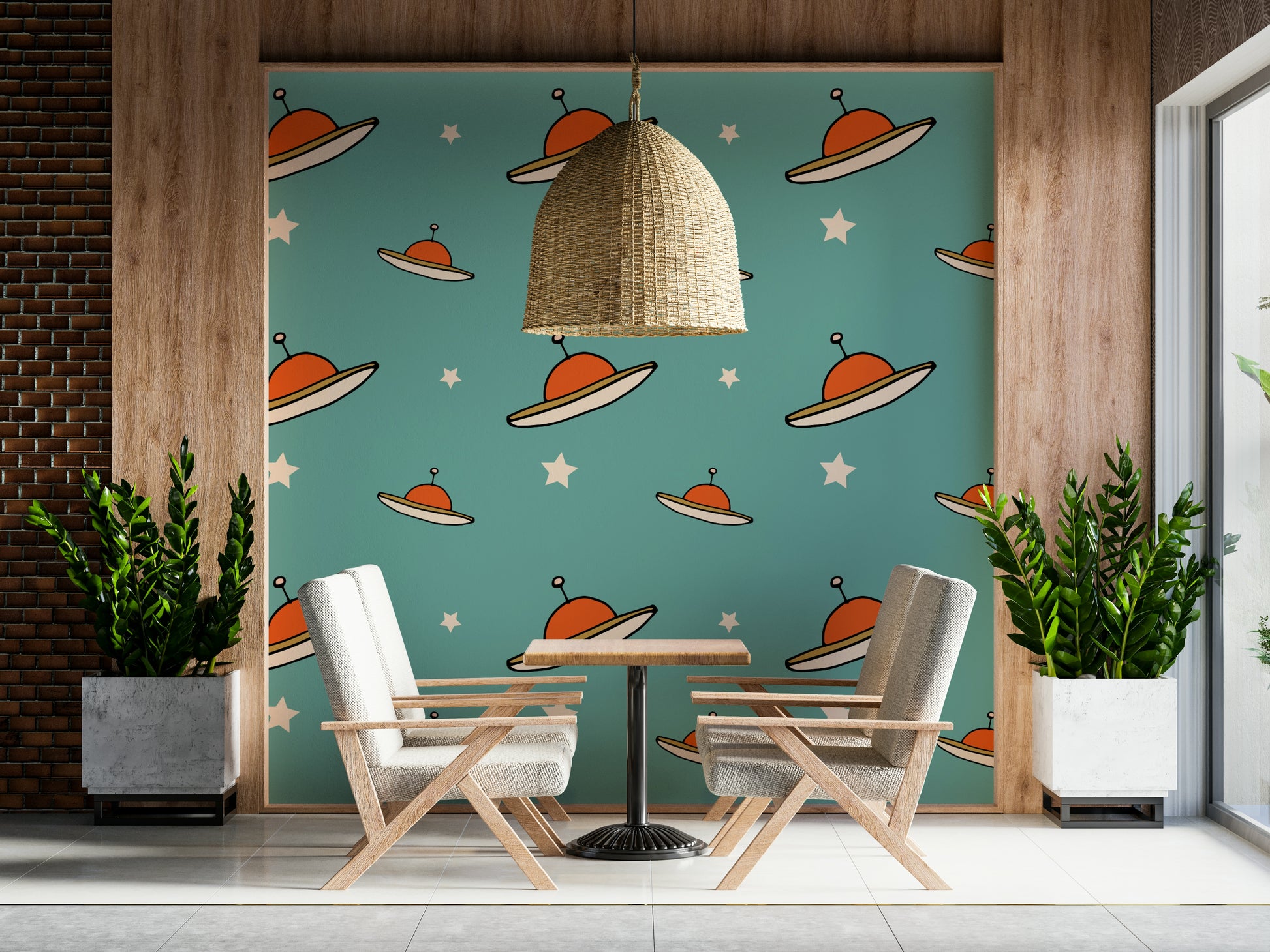 Playful flying objects Minimal Vintage UFO Mustard mural background.
