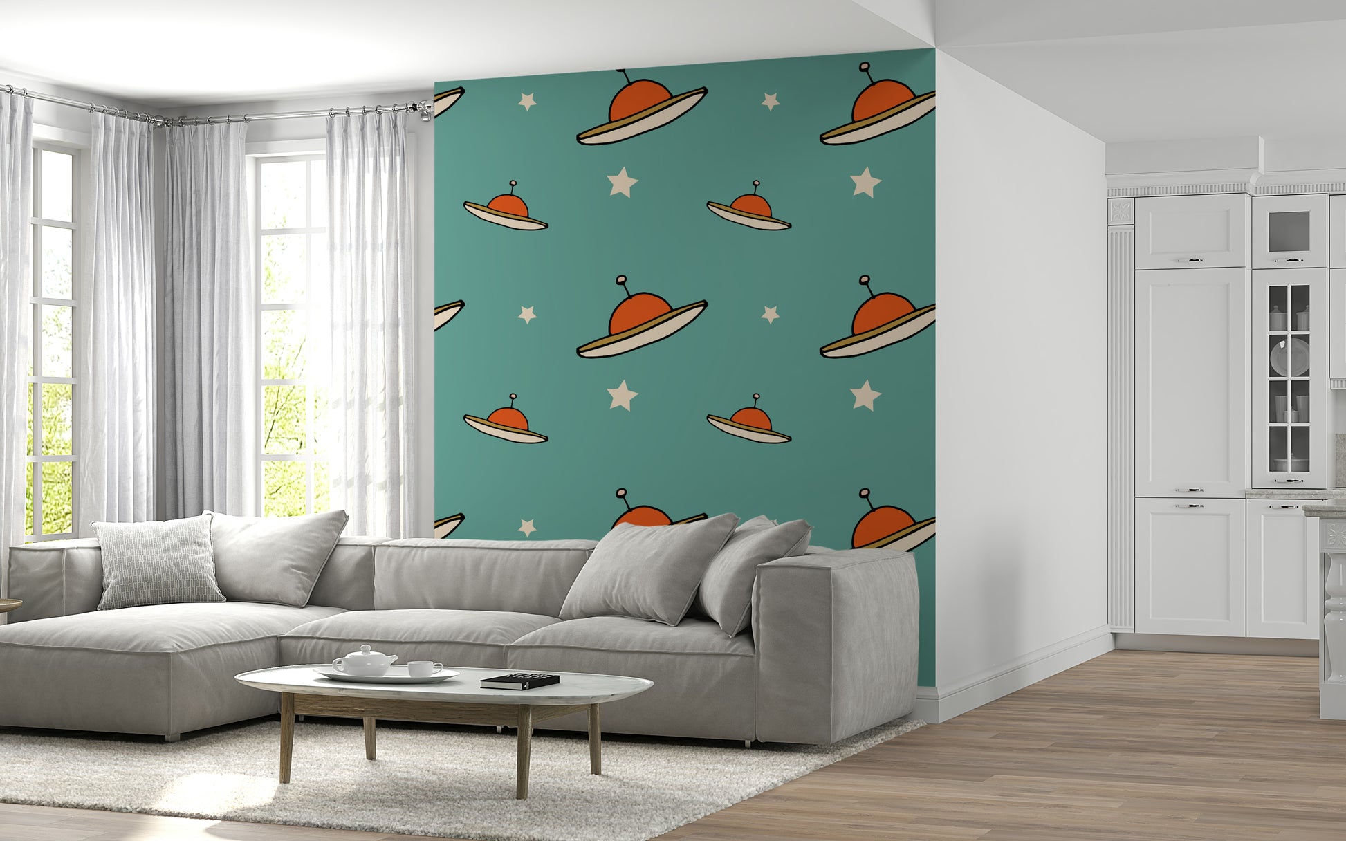 Stylish alien craft print Minimal Vintage UFO Mustard mural decor.