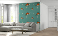 Stylish alien craft print Minimal Vintage UFO Mustard mural decor.