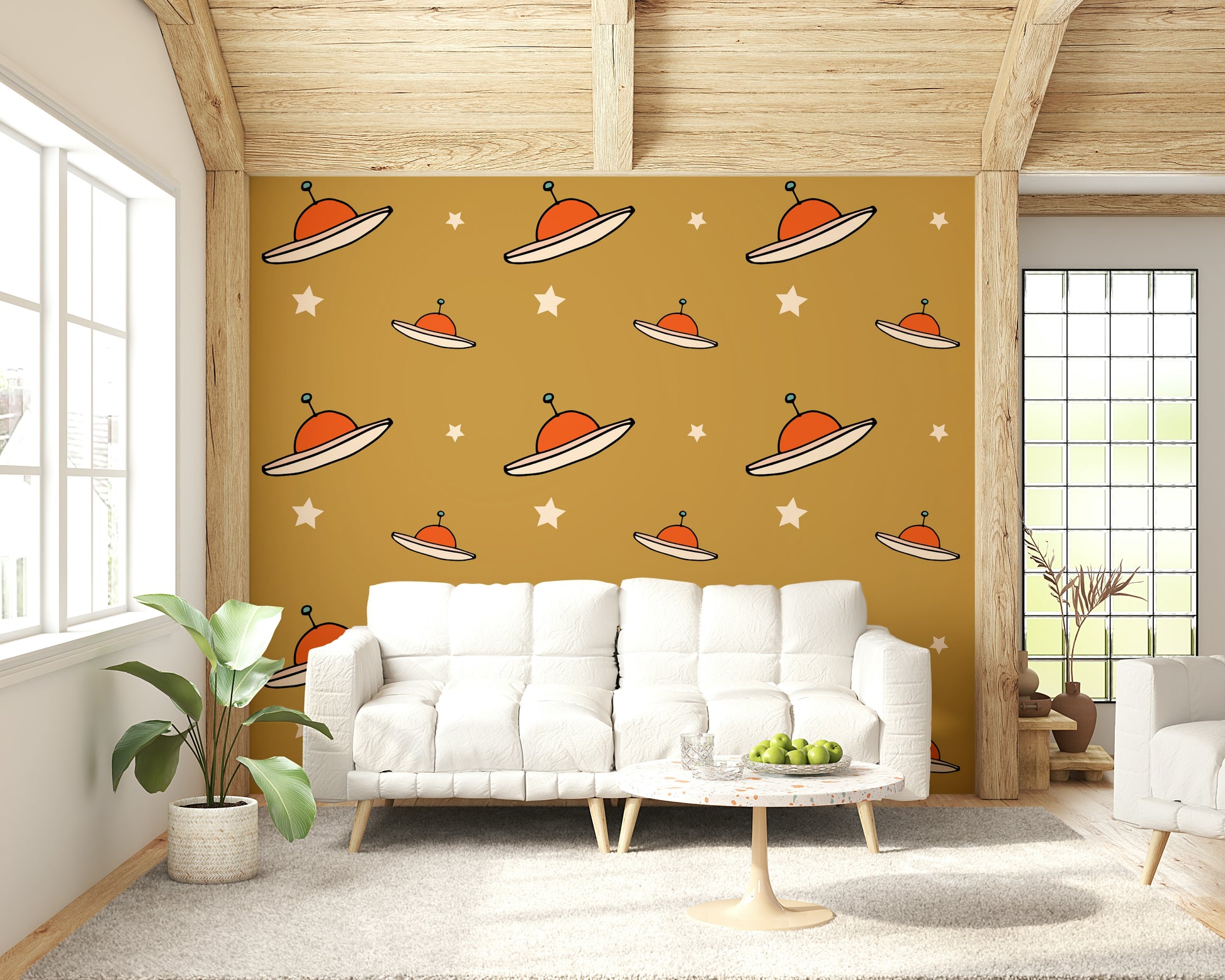 Minimal Vintage UFO Mustard wallpaper, simple cartoon style celestial art.