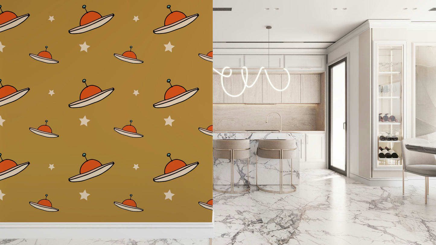 Bold UFO Mustard wall mural, mid-century alien craft pattern.