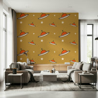 Playful UFO Mustard wall mural, cute sci-fi inspired print.