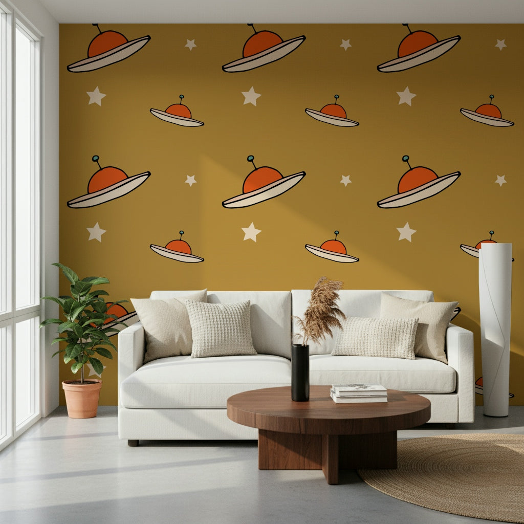 Quirky UFO Mustard wall mural, mod space-age saucer design.