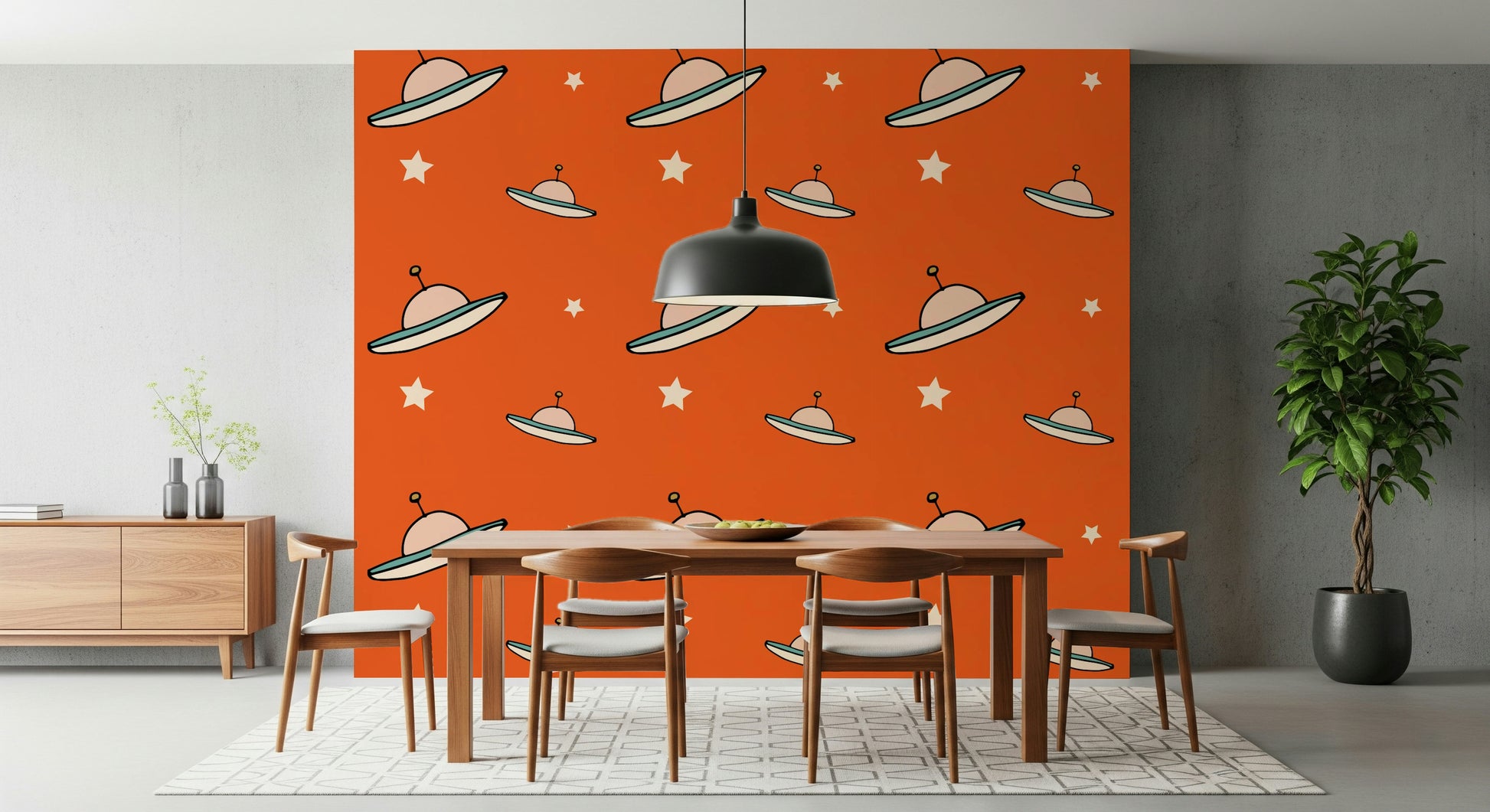 Celestial bodies and alien vehicles compose this enchanting Minimal Vintage mural.