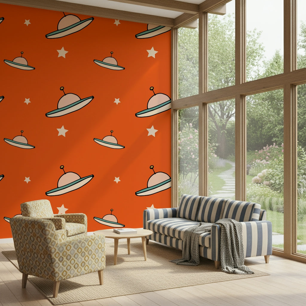 Unique UFO Orange mural pattern, perfect for a playful room interior backdrop.