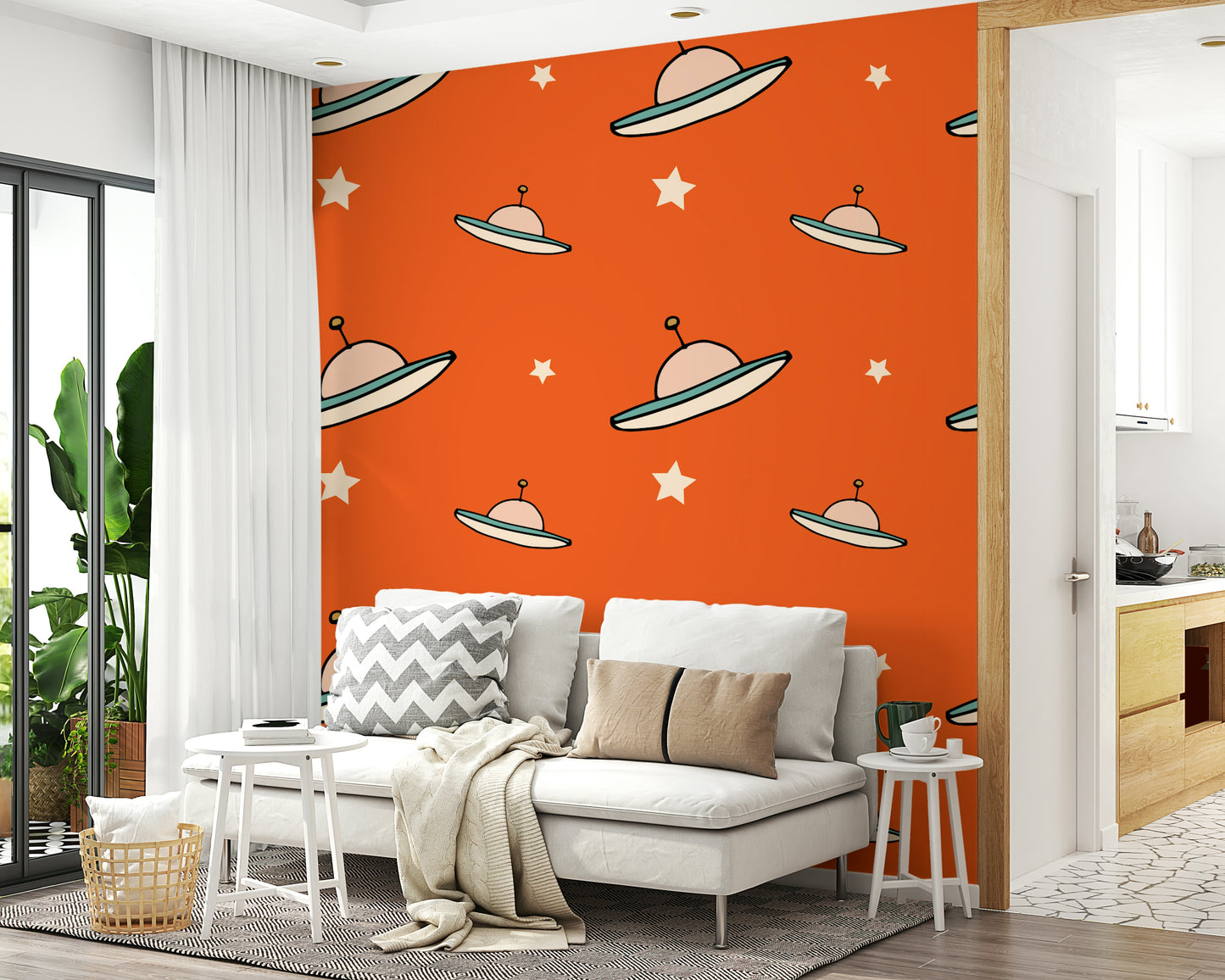 Funky orange wall design with beige and teal spacecraft, a UFO Orange wallpaper.
