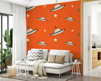 Funky orange wall design with beige and teal spacecraft, a UFO Orange wallpaper.
