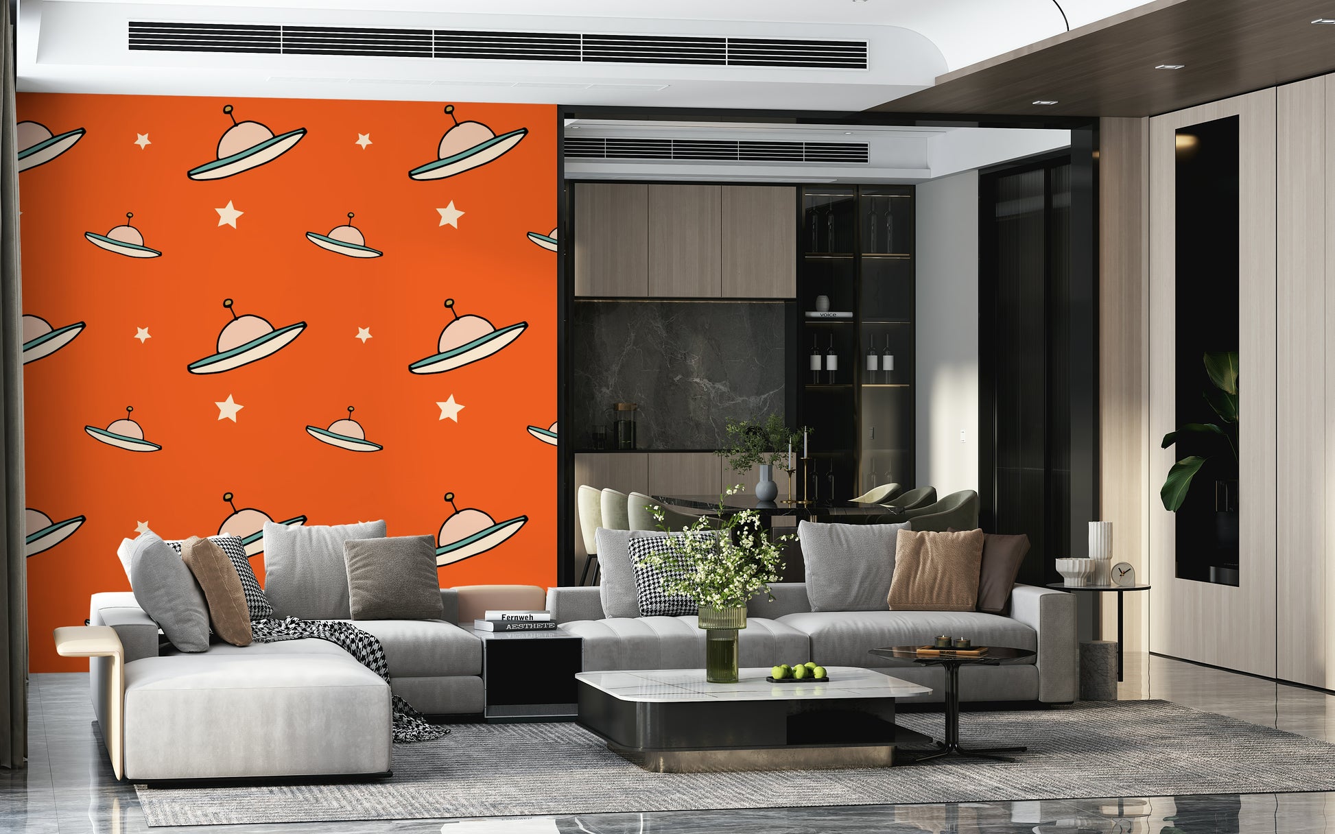 UFO Orange wall mural with whimsical flying saucers and small stars.