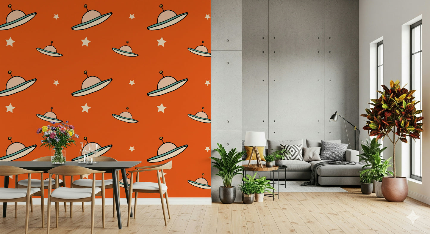 Vivid orange backdrop with playful flying object art, a cool UFO Orange mural.