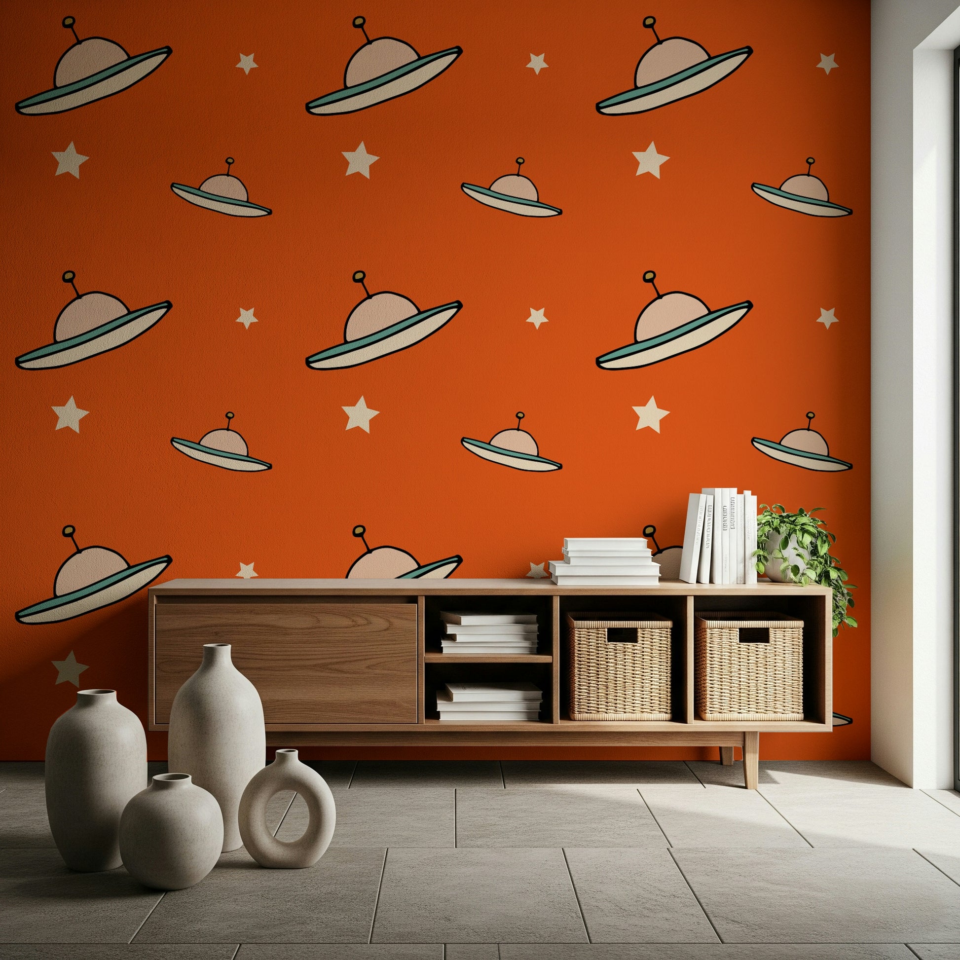 Simple drawing of two saucers on a warm orange, fantastic Minimal Vintage mural.