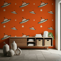 Simple drawing of two saucers on a warm orange, fantastic Minimal Vintage mural.