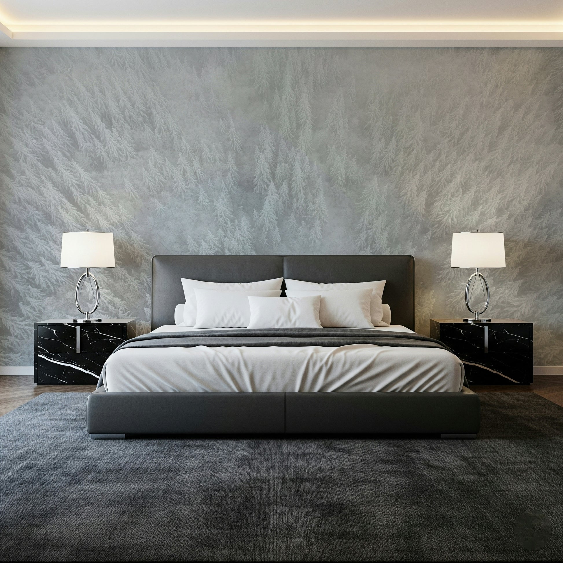 Stunning white landscape mural, artistic Frosted Canopy wall decor.