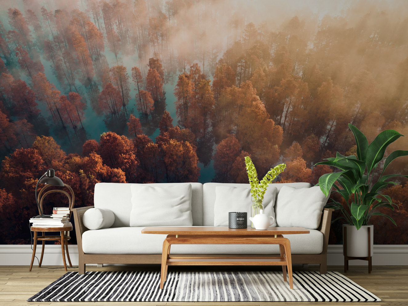 Radiant autumn foliage mural, perfect Misty Autumn Forest home accent.