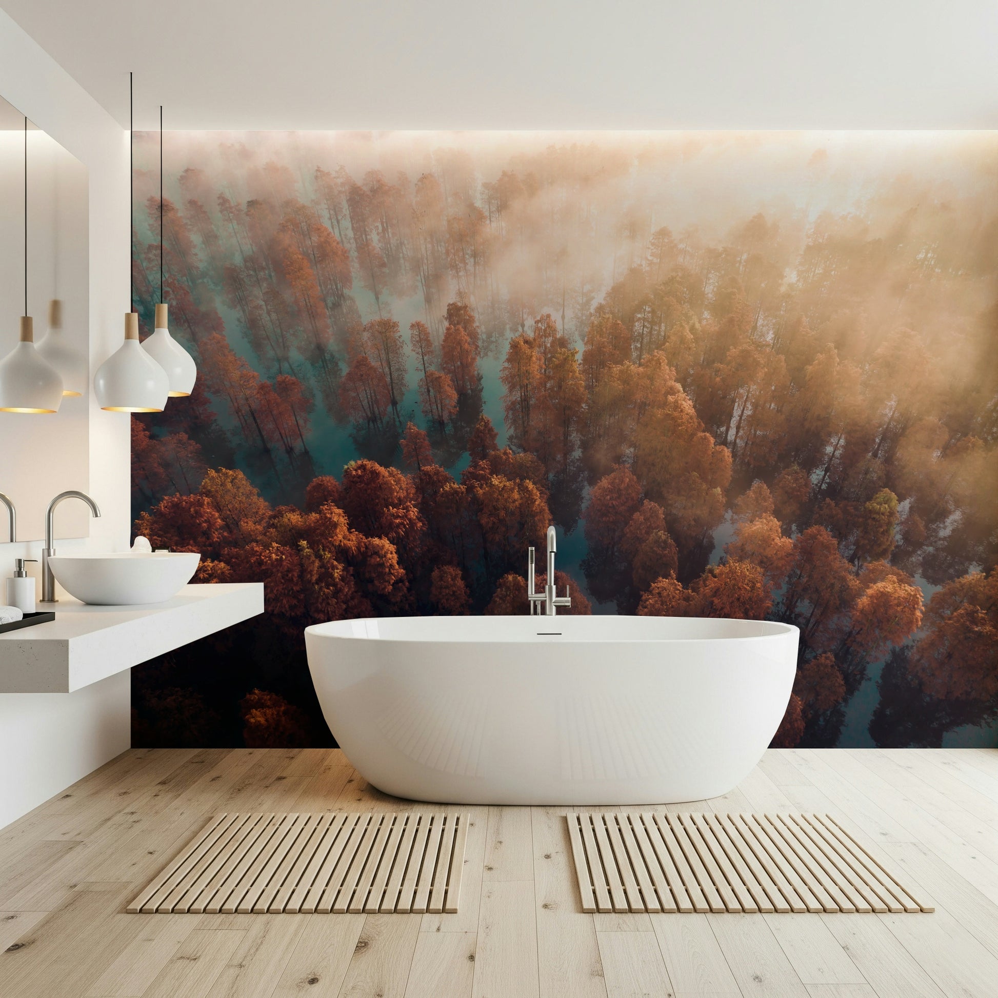 Vibrant rust colored tree mural, artistic Misty Autumn Forest photograph.