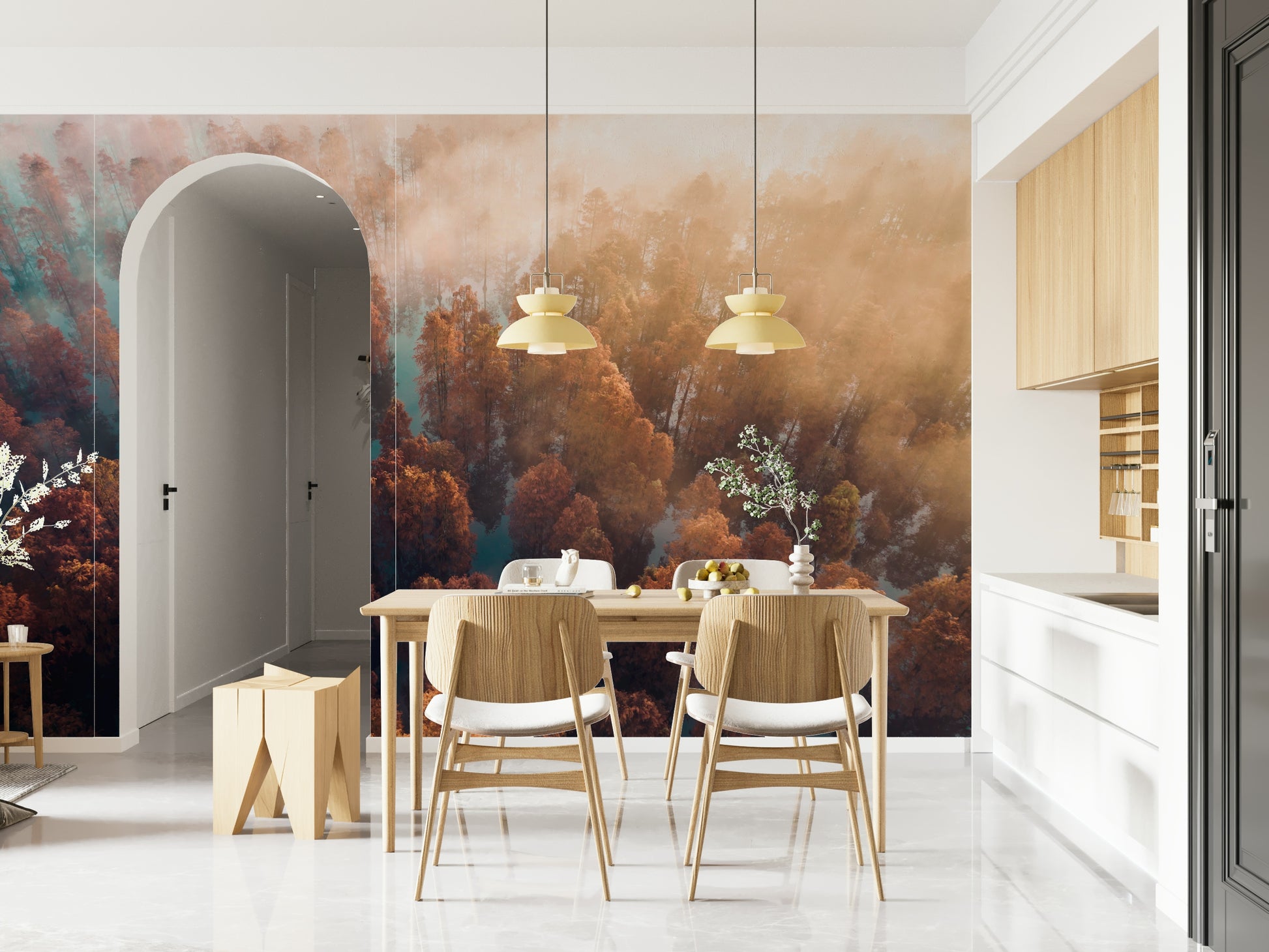 Hazy cypress swamp wallpaper, enchanting Misty Autumn Forest atmosphere.