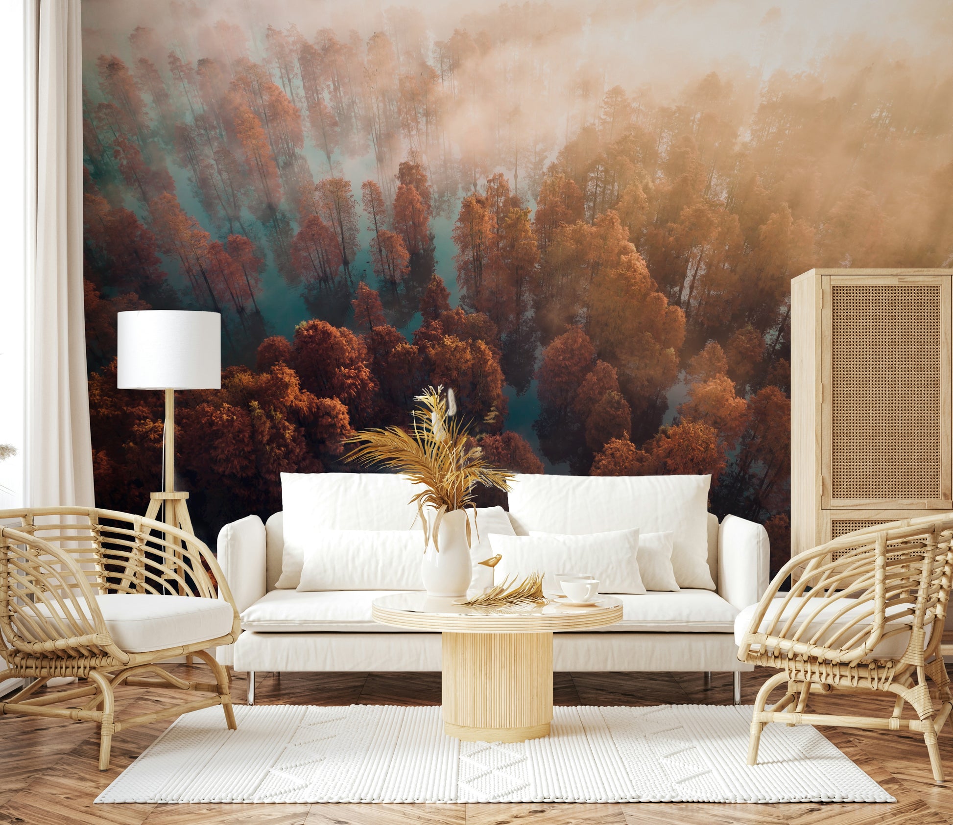 Sunlit fog redwood wallpaper, warm glow Misty Autumn Forest design.