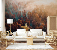 Sunlit fog redwood wallpaper, warm glow Misty Autumn Forest design.