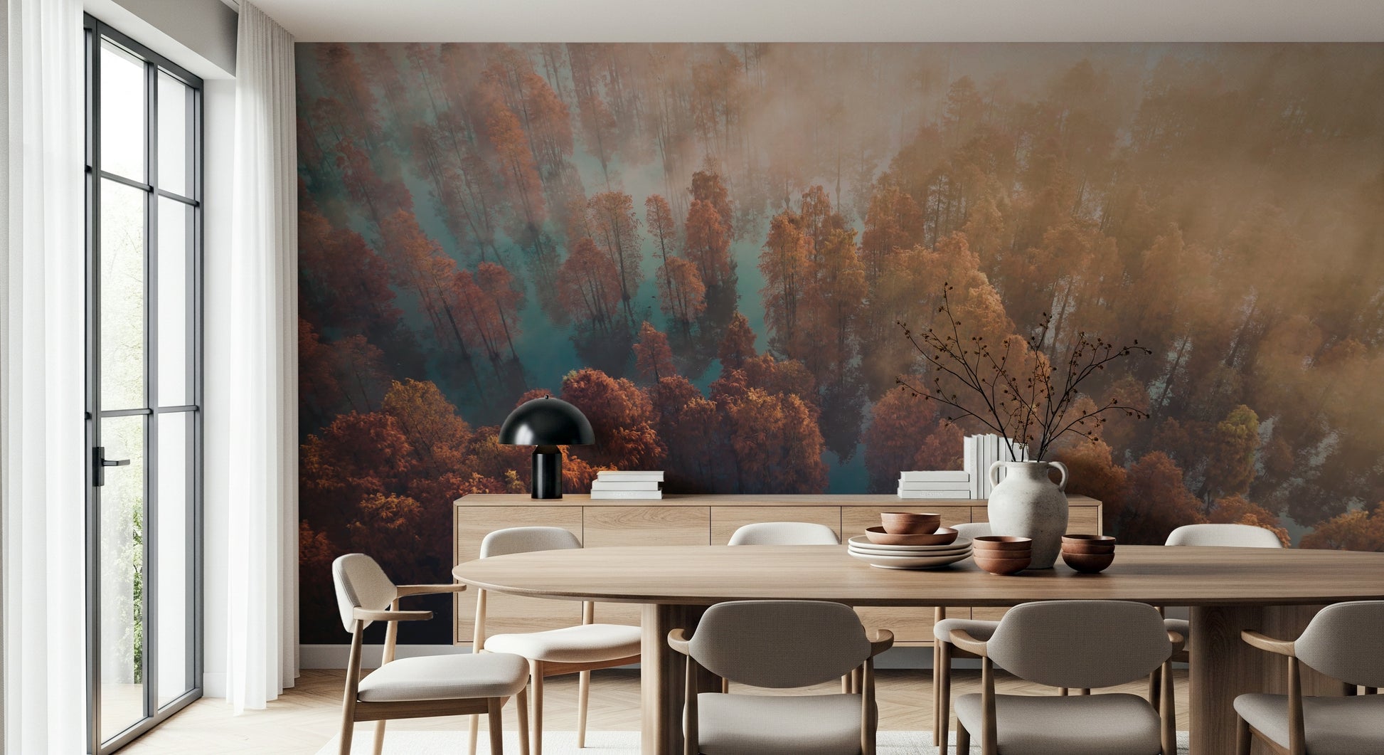 Immersive woodland mural, highlighting the Misty Autumn Forest collection.