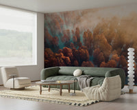 Deep orange canopy mural, breathtaking Misty Autumn Forest panorama style.